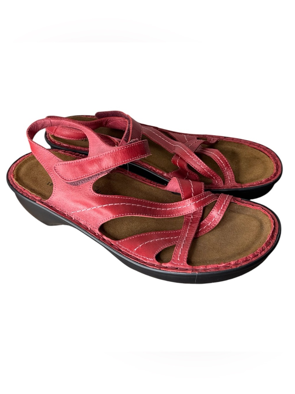 NAOT New Red Leather Paris Sandals Strappy Velcro Platform Size 10 / 41
